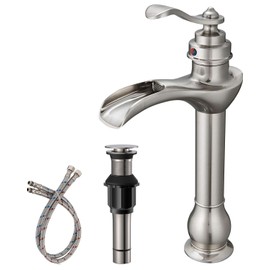 BWE Vessel Sink Faucet Waterfall Brushed Nickel with Pop Up Drain Assembly and Supply Hose Single-Handle Single Hole Bathroom Faucet Lavatory Mixer Tap Tall Body