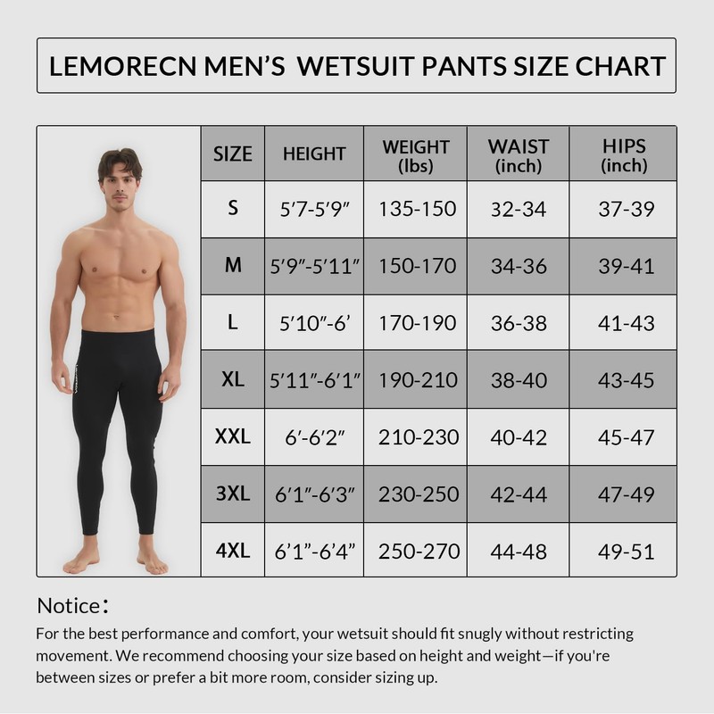 Lemorecn Wetsuit Pants Men 1.5mm Neoprene Wetsuit Bottoms Swim Pants