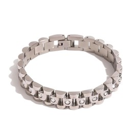 18K Gold Plated Chunky Link Bracelet for Women, Stainless Steel Two-Tone CZ Bracelet, 7 inch Waterproof Non-Tarnish Cubic Zirconia Womens Chain Bracelets Jewelry Gift (Silver)