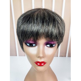 LSXCSM Grey Pixie Cut Wig Human Hair for Old Woman Salt and Pepper Gray Short Wigs with Bang