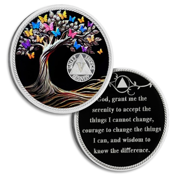 5 Years Sobriety Coin Butterfly Tree of Life AA Chips