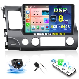 8 Core/4G+64G Android Car Stereo for Honda Civic 2006-2011 Wireless Carplay&Android Auto, 10.1" IPS Touchscreen 1280 * 720 DSP Auto Radio GPS Bluetooth FM/RDS 32EQ WiFi SWC+Backup Cam&Mic