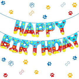 Cartoon Dog Paw Print Happy Birthday Banner Puppy Paw Print Theme Foil Balloons Letters Signs Backdrop Party Decorations Supplies for Boys Kids