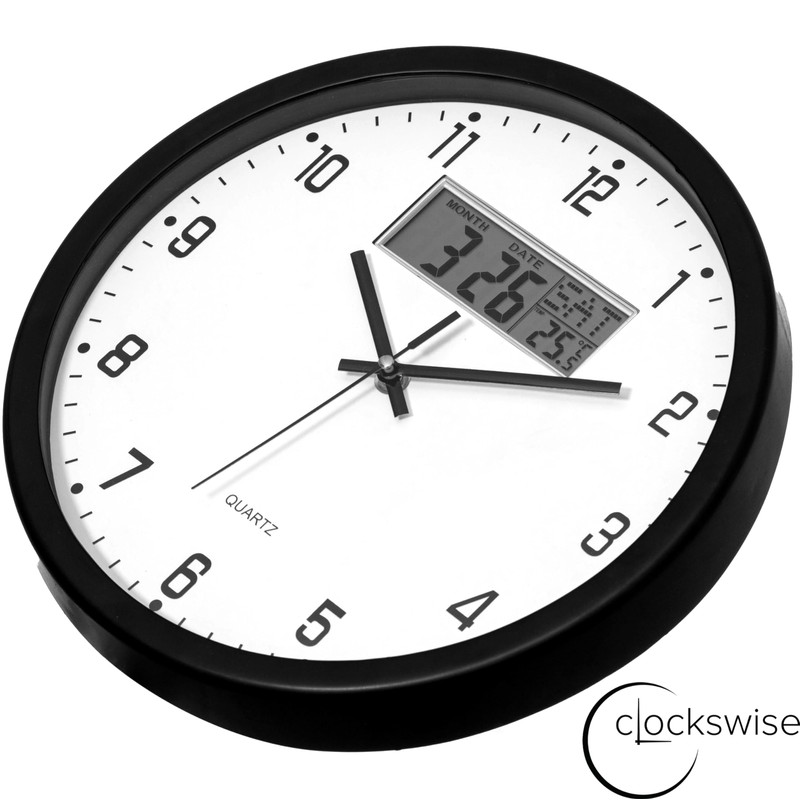 Clockswise 14-inch Wall Clock, Non-Ticking Analog & Digital with Temperature