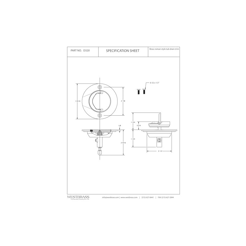 Westbrass D320-05 Roman Tub Drain Trim, 3-9/16" OD, Polished Nickel