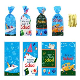 Back to School Gift Bags with Twist Ties,100 Pcs First Day of School Classroom Party Goodie Treat Bags Kids Candy Bags Blue Cookie Bags for Welcome Back to School Decorations Party Favor Bags