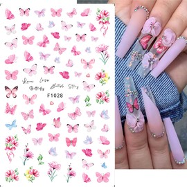 8 Sheets Colorful Flowers Butterfly Nail Art Stickers Decals 3D Floral Self-Adhesive Nail Decals Design Spring Summer Rose Flower Butterflies Nail Stickers for Women DIY Manicure Decoration Supplies