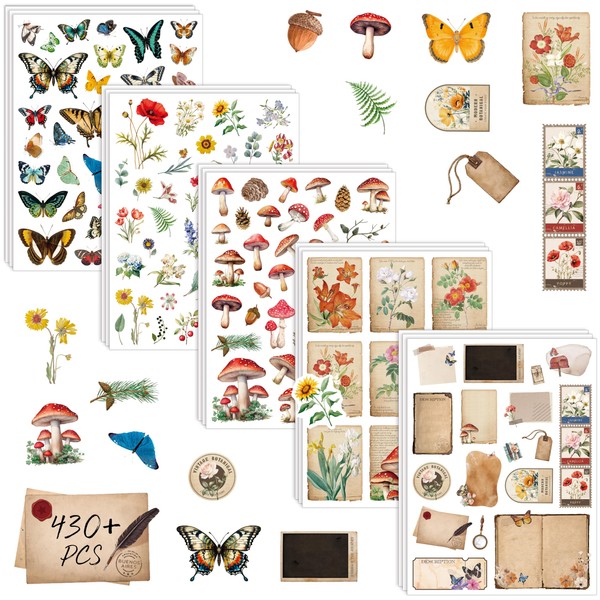 430+ Vintage Washi Stickers, Botanical Paper Stickers Aesthetic Craft Kits for Scrapbook, Junk Journal, Art Journal, collages, Album, Mixed Media Art, Diary & Planner Decoration
