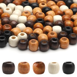 TNSLAND Pack of 200 Wooden Beads, 5 Colours Macrame Beads, Hair Beads, Large with 13 m Elastic Thread, Wooden Beads, Natural Wooden Beads, Macrame for DIY Dreadlocks Jewellery Making
