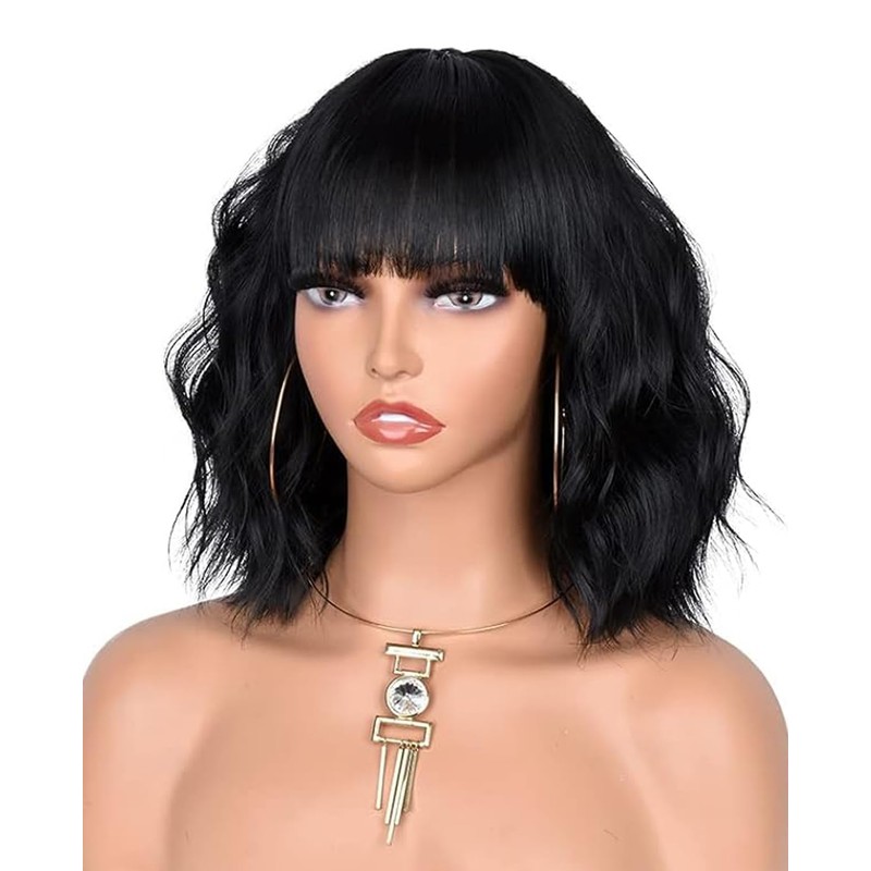 CoCrowns Short Wavy Wig with Air Bangs Shoulder Length Women's