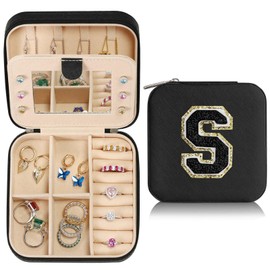 Parima Bridesmaid Gifts for Wedding Day, Bridesmaid Gifts for Women | Bridesmaid Proposal Gifts Unique Gifts | Wedding Travel Essentials Large Jewelry Box | Travel Jewelry Case - Letter S, Black