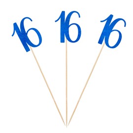 Blue Glitter 16th Birthday Centerpiece Sticks, 12-Pack Number 16 Table Topper Anniversary Party Decorations