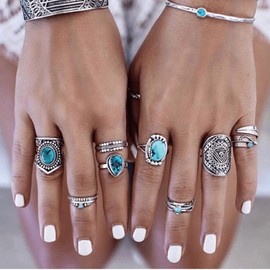 Vintage Silver Turquoise Ring Joint Finger Turquoise Rings for Women Boho Crystal Rings Carved Flowers Gold Ring Western Turquoise Rings Set for Women Rings Bohemian Gemstone Ring size6-10 (10)