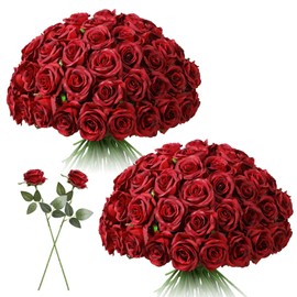 Tifuly 50 Pcs Red Roses Artificial Flowers Bulk,Realistic Long Stem Fake Silk Roses Bouquet for Wedding Centerpiece Table Vases Party Home Kitchen Decor（Burgundy）