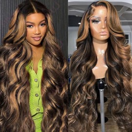 haha Brown Highlight Ombre Lace Front Wig Body Wave Human Hair Blend Wig Honey Blonde Highlight Lace Closure Wigs 4X4 Glueless Pre Plucked Balayage P1B/30 180% Density 26 Inch
