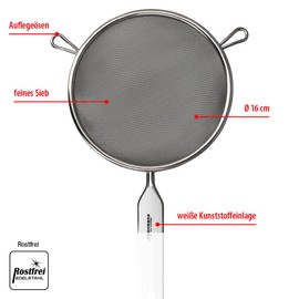 EUROHOME Strainer made of high-quality stainless steel, kitchen sieve with practical eyelets, metal sieve diameter 16 cm for straining, sieving and straining, fine stainless steel sieve as kitchen
