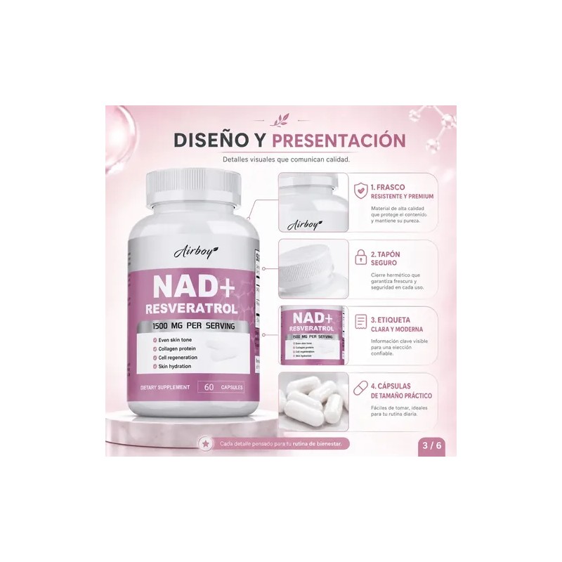 Cápsulas Nad+ Resveratrol 1500mg Frasco 60 Piezas Adulto