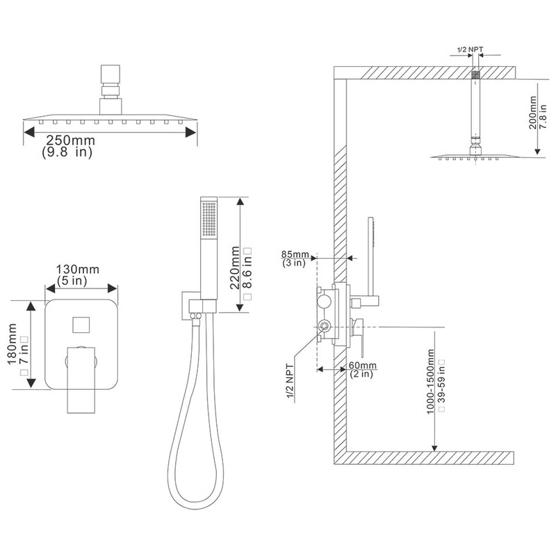 JingGang 10 Inch Ceiling Mounted Shower System Rain Mixer Shower