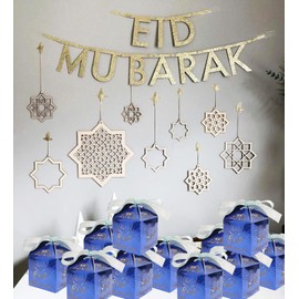 YaYuanSun 50Pcs Eid Mubarak Candy Boxes Muslim Ramadan Laser Cut Favor boxes with Ribbon Goodie Candy Boxes for for Eid Islamic Party Birthday Baby Shower Wedding Decorations (Blue)