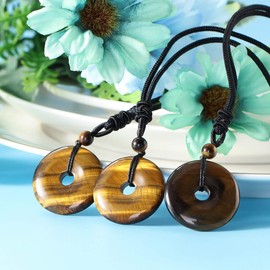 JSDDE Natural Tiger Eye Crystal Donut Pendant Necklace Reiki Healing Stone Lucky Coin Necklaces for Women Men Gift