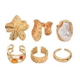 JDRGJTH 6 PCS Chunky Gold Rings for Women, Knuckle Stackable Gold Ring Set Trendy Dainty Hollow Cute Rings Chunky Jewelry Ring Set Gifts for Women