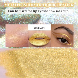 Prreal Metallic Liquid Lipstick, Glitter Lip Gloss, Moisture Shimmer Lip Gross, Diamond Pearl Shine, Non-Sticky Long Lasting Metallic Lipstick Golden Lip Eyeshadow Makeup, 06 Gold