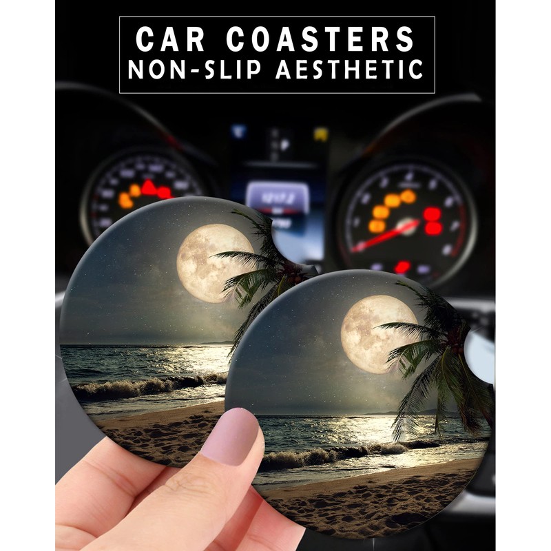 2 Pack Universal Ceramic Car Coasters Tropical Beach Palm Tree