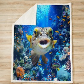 Castle Fairy Puffer Fish Throw Blanket,Coral Fish Bed Blanket for Kids Teens Boys Girls,Cute Undersea Lifes Fleece Blanket Blue Watercolor Animals Plants Fuzzy Blanket for Bedroom Decor,40"x50"