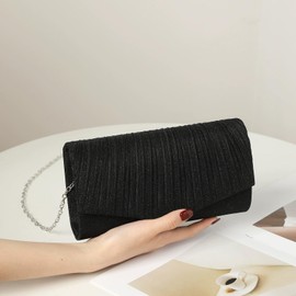 Beljeley Clutch Purses for Women, Glitter Evening Bag with Chain Strap, Formal Pleated Design for Wedding, Cocktail, Party, Black