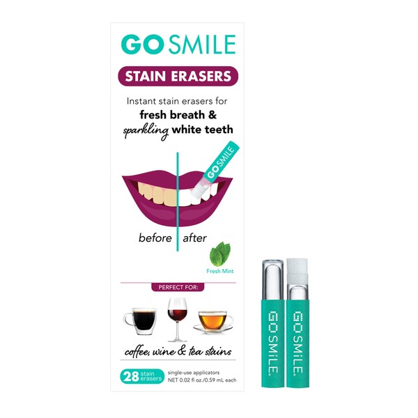 GO SMILE Teeth Whitening Stain Erasers - Travel Size Pack Of Oral Swabs - Instant Dental Cleaning Gel Removes Tooth Stains For White Teeth - Enamel Safe No Sensitivity, Sugar-Free Mint Whitener, 28-Ct