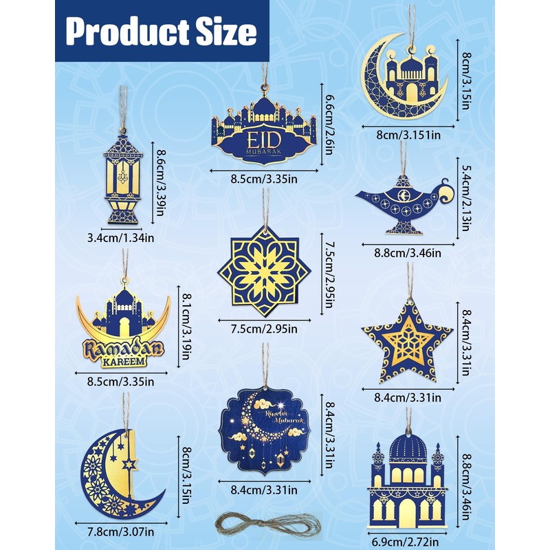 Gowik Ramadan Ornaments - 20pcs Wooden Pendant Ramadan Kareem Hanging