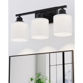 Sailstar 3-Light Bathroom Vanity Light, Anti-Rust Matte Black Bathroom Light Fixtures Over Mirror, Modern Bathroom Lights Wall Mount with Milky White Glass Shades, E26 Base Vanity Lighting