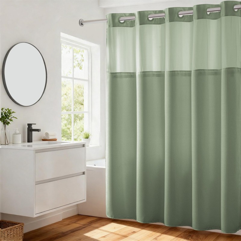 River Dream Green Heavyweight No Hooks Required Shower Curtain with