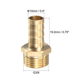 sourcing map Brass Hose Barb Fitting Straight 10mm x G3/8 Male Thread Pipe Connector with Stainless Steel Hose Clamp, Pack of 2
