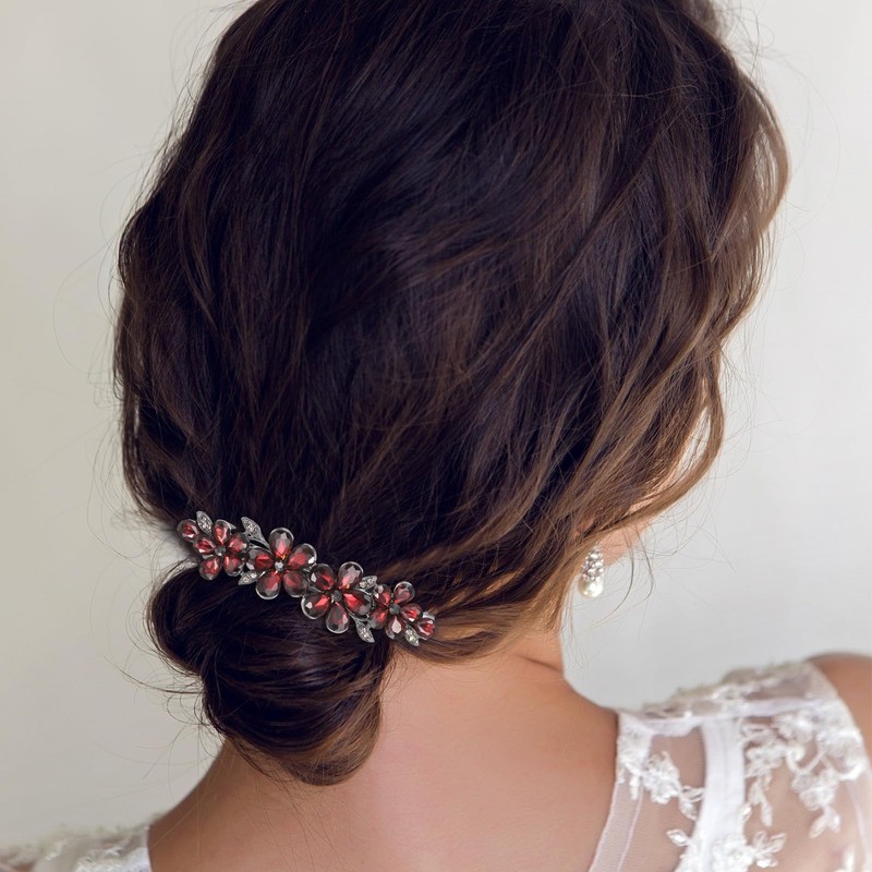 Shimmeroo Red Bridal Hair Accessories,Diamante Hair Clips for Women