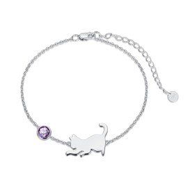 LONAGO Cat Bracelet 925 Sterling Silver Cute Cat with Birthstone Bracelet Jewellery for Women, Sterling Silver, Cubic Zirconia