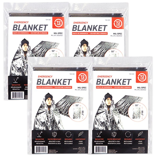 72 HRS MIL-SPEC Emergency Space Blankets Mylar Survival or Emergency Thermal Blankets for Camping, Hiking, Marathon, First Aid, Emergency Preparedness, Extreme Weather, Shelter (4-Pack)