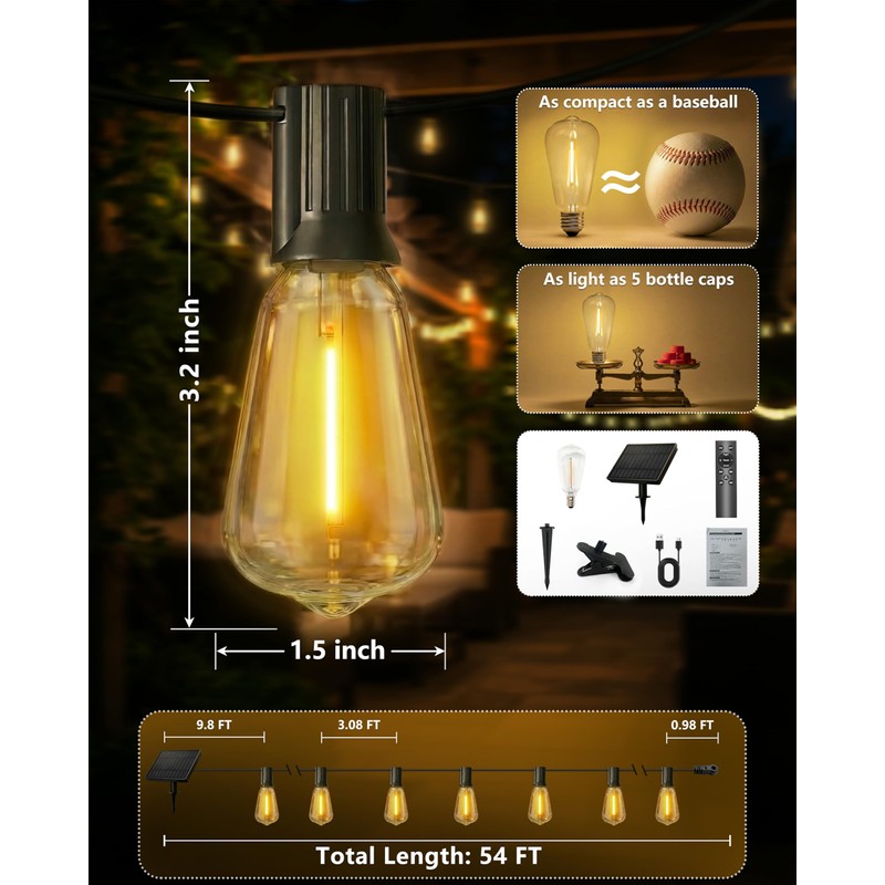 Pesken Solar String Lights Outdoor Waterproof, 54FT Patio Lights Solar