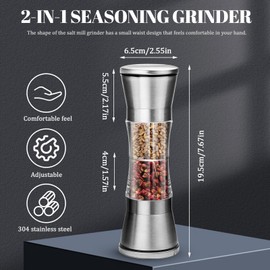 Realand 2Pcs 2 in 1 Salt and Pepper Grinder Set, 304 Stainless Steel Pepper Mill Grinder Sea Salt Grinder Refillable Pepper Grinder Manual with Adjustable Ceramic Rotor