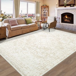 Vintage Living Room Area Rug - 9x12 Large Machine Washable Boho Area Rug Distressed Floral Rugs for Bedroom, Soft Non-Slip Indoor Floor Accent Rugs for Office Dining Room (Cream Beige, 9'x12')
