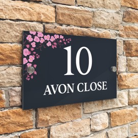Badgemaster Floral Modern Anthracite House Number Sign Plaque Stainless Steel Standoffs 20cm x 13cm Pink Flower Top Left