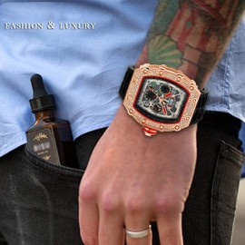 Gosasa Mens Unique Punk Bling Iced Out Dress Watches Tonneau Rectangle Watches for Men Waterproof Analog Chronograph Sports Watch Silicone Band