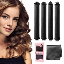 SUFFIC 4 Pcs Rizador de Pelo Sin Calor con 1 Pcs Bufanda de Seda,Rizador de Pelo para Dormir,Rizadores de Cabello Tubos para Ondas Naturales,DIY Styling Tools Hair Curlers Kit (Negro, Mediano)