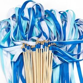 Pack of 50 Wedding Wands, Wedding Wands Seating Plan Wedding Streamers with Large Bells and Wedding Ribbons, Magic Wands Silk Fairy Rod for Weddings, Birthdays, Holiday Parties (Blue)
