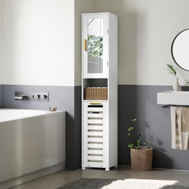 VECELO 66'' Tall Tilt Out Laundry Hamper Cabinet, Hidden Laundry Hamper with Removable Storage Basket, Open Shelf and Mirror, for Laundry Room Bathroom, White