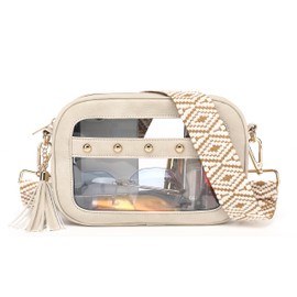 LOXOMU Clear Stadium Bag for Women - Small Clear Crossbody Purse with Guitar Strap, Clear Belt Bag for Stadium Events, Concert (Beige)
