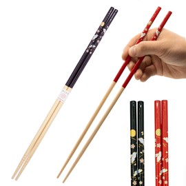 Musuubi Japan Japanese Cooking Chopsticks Long- Set of Two Long Bamboo Cooking Chopsticks with Rabbit, Moon, and Sakura Pattern - Red and Black - Made in Japan