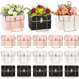 mekueeex 24 Pack Flower Paper Gift Bag, Bouquet Portable Flower Handbag Box with Metal Chain, Rectangle Wedding Gift Wrap Bag, Small Florist Carrier Bag for Arrangements, Valentine's Day, Birthday