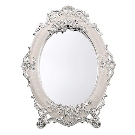 JuxYes Small Tabletop Dressing Mirror Vintage Metal Desktop Mirror with Stand, Antique Embossed Roses Countertop Makeup Mirror Retro Oval Cosmetic Decorative Mirrors for Table Centerpieces