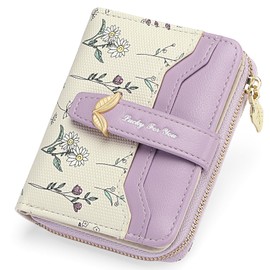 GAEKEAO Small Wallets Woman RFID Blocking Vegan Leather Bifold Floral Ladies Purse Card Holder with Zipper Pocket ID Window